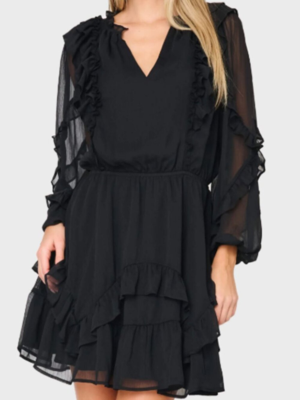 Gibson Look Chloe Ruffles For Days Dress Black – Small – Chiffon Long Sleeve